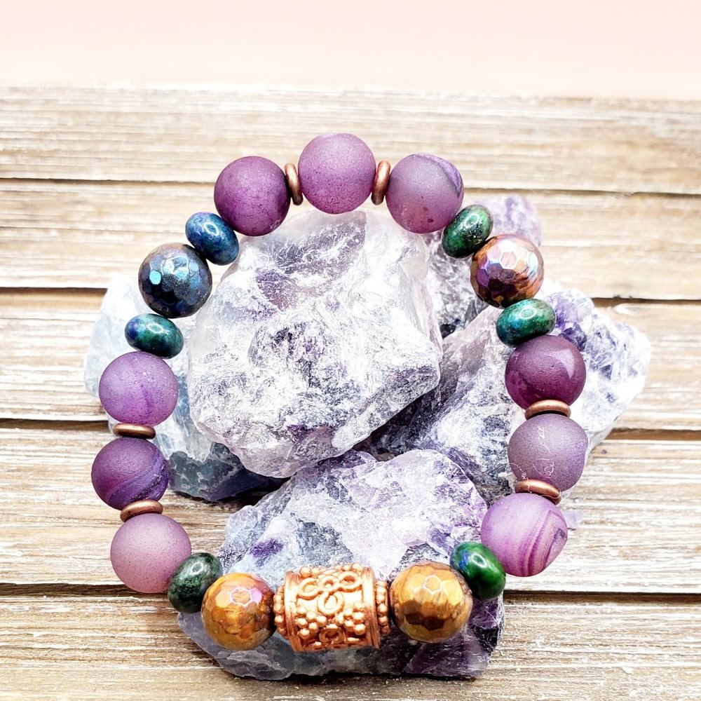 Matte Purple Druzy Agate, Tigers' Eye, Chrysocolla and Copper Beaded Bracelet